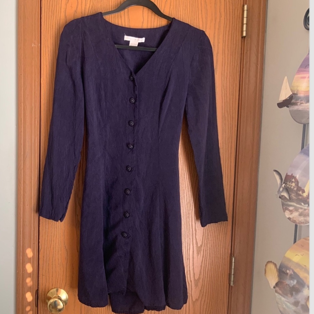 VINTAGE THE LIMITED NAVY BLUE FULL BUTTON FULL SKIRT DRESS LACE UP BACK SIZE M